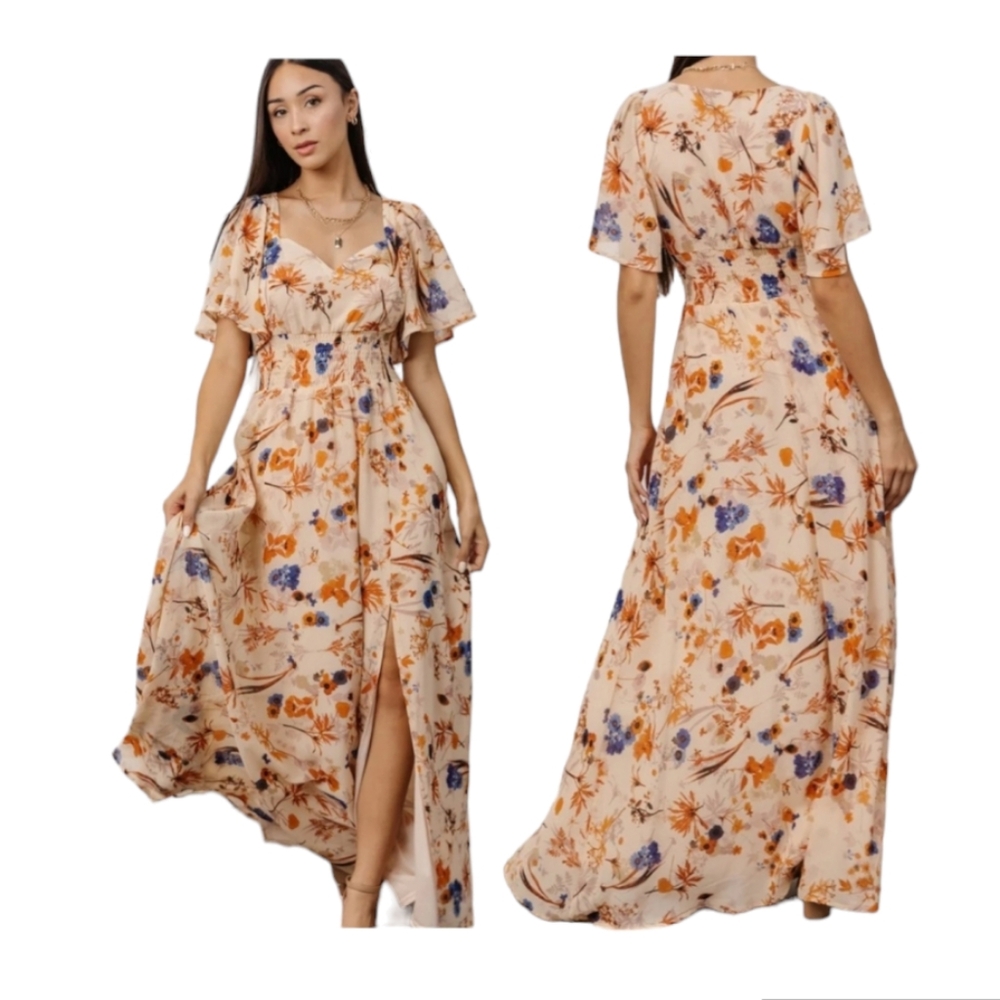 April Sweetheart Autumn Bouquet Flutter Sleeve Maxi Dress